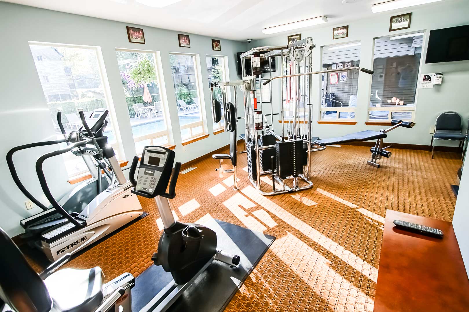 A spacious exercise room at VRI's Whispering Woods Resort in Oregon.